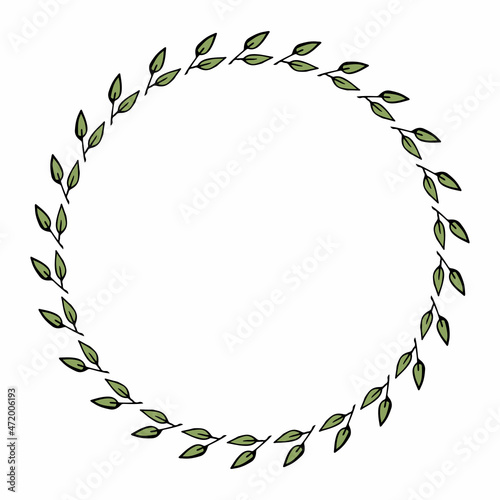 Round frame with intresting green branches on white background. Vector image.
