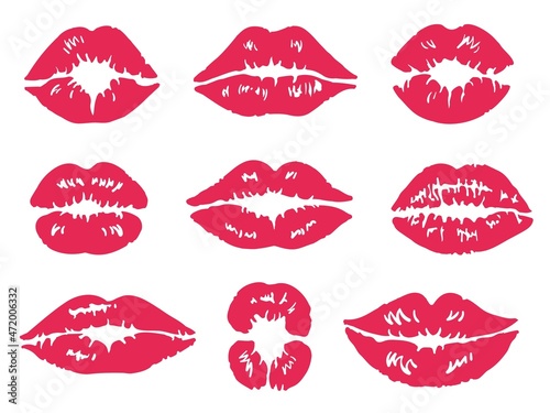 Lipstick kiss mark. Mouth and lips makeup  print lip  red female kisses  affair sexy girl  isolated silhouette  marks love  set decent vector illustration