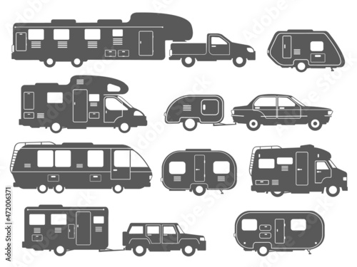 Motorhome silhouettes. Rv cars, camper vans, caravan recreational vehicles, auto trailer for camping, campervan icons, travel car, set decent isolated vector illustration