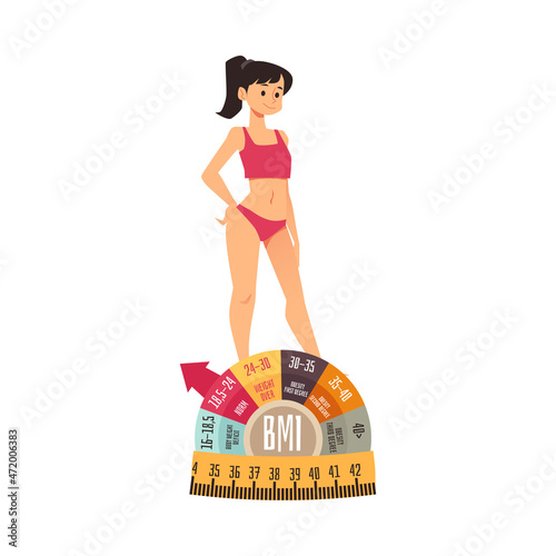 Woman on indicator of BMI body mass index, flat vector illustration isolated.