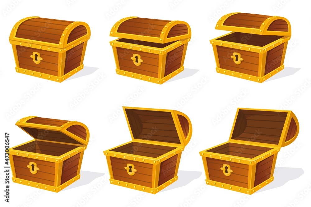 Chest animation. Empty treasure box, open and closed medieval ancient  wooden cartoon chests, game old pirate treasures, lock boxes for gold,  isolated neat vector icon Stock Vector