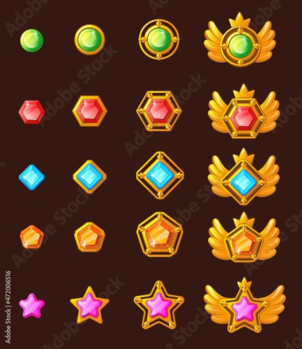 Award game progress. Golden amulets with gem, badge kit, jewelry star, achievement insignia, gold wings medal, square diamond, token crown