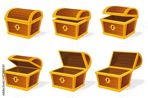 Chest animation. Empty treasure box, open and closed medieval ancient wooden cartoon chests, game old pirate treasures, lock boxes for gold, isolated neat vector icon
