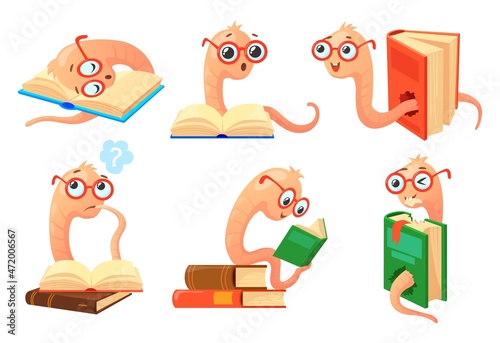 Cartoon bookworms. Worm reading book with glasses, bookworm funny character grub in books, school learning artwork, animal insect earthworm, intelligent world libraries neat vector