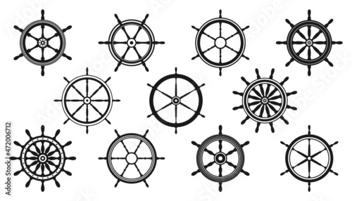 Collection of vintage steering wheels. Ship, yacht retro wheel symbol. Nautical rudder icon. Marine design element. Vector illustration