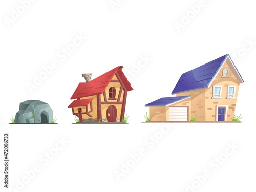 House evolution. Modern cottage, antique and medieval houses, stone age history, cartoon mansion, primitive dwelling, decent vector illustration