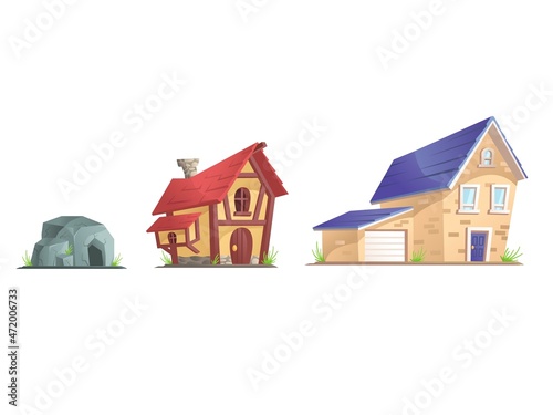 House evolution. Modern cottage  antique and medieval houses  stone age history  cartoon mansion  primitive dwelling  decent vector illustration