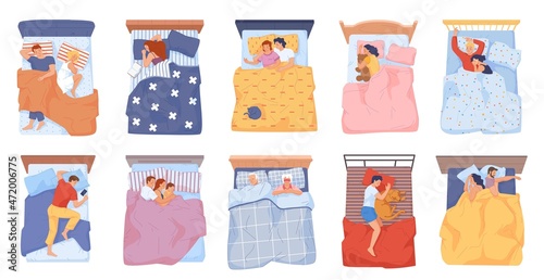 People under blankets. Family sleep lying in bed blanket, couple resting bedroom different position, man woman asleep side pose top view, baby dream cat flat