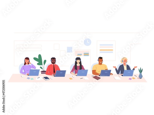 Hotline center workers. Call centres office, customer service work, workers with headsets telephone, support operator, contact services employee, garish cartoon vector illustration
