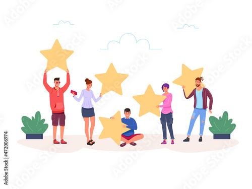 People giving stars. Customer feedback success rate, client service review, customers hold star, satisfaction rating, clients opinion, icon flat garish vector illustration