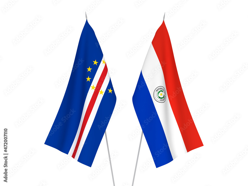National fabric flags of Republic of Cabo Verde and Paraguay isolated on white background. 3d rendering illustration.