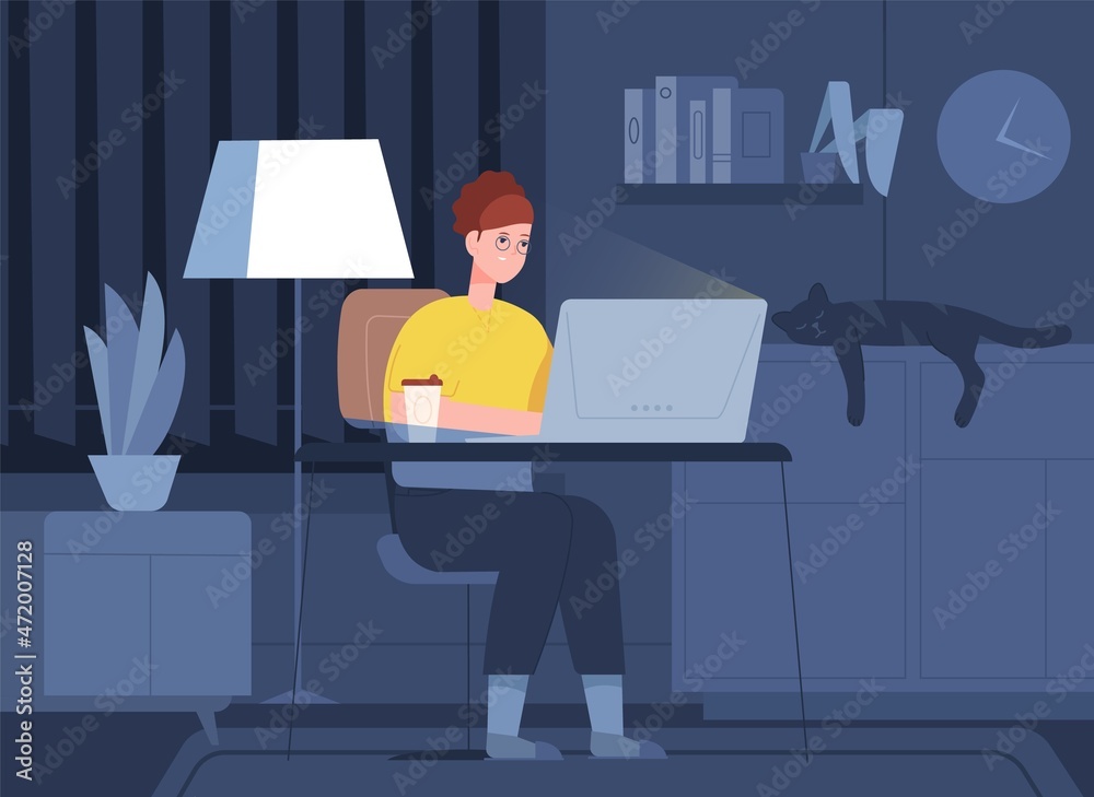 Woman working night. Remote work home room office, tired busy student learning overtime in computer desk late at job, hard study Woman working night. Remote work home room office, tired busy student learning overtime in computer desk late at job, hard study