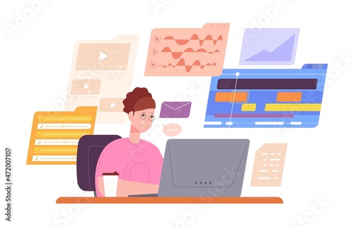 Woman content manager. Freelance entrepreneur design marketing, expert skill data analysis, successful designer ui website computer work technology