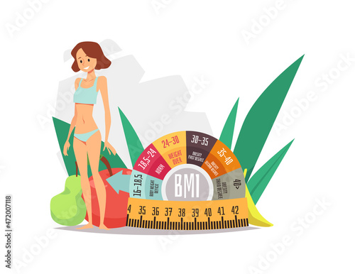 Underweight thin woman near indicator of BMI, flat vector illustration isolated.
