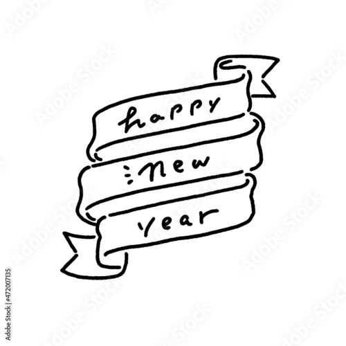かわいい手書きの”happy new year 2022"の文字とリボン：白背景