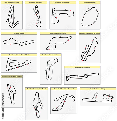 map of fourteen motorsport racetracks in Italy photo