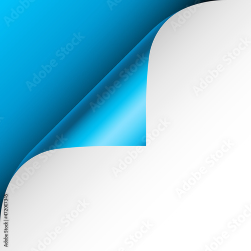 Blue paper curl. Curled page corner with shadow. Blank sheet of paper. Colorful shiny foil. Design element for advertising and promotion. Vector illustration.