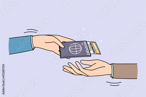 Man present passport with vaccination certificate to steward traveling abroad during covid-19 times. Male customer give document with immunity pass against corona. Flat vector illustration. 