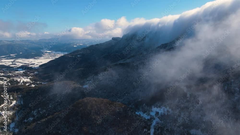 Aerial scene with drone of the snowfall in Bracons, La Garrotxa, Girona, Spain Aerial scene with drone of the snowfall in Bracons, La Garrotxa, Girona, Spain