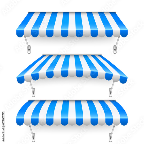 Shop sunshade with metal mount. Realistic blue striped cafe awning. Outdoor market tent. Roof canopy. Summer street store. Vector illustration.