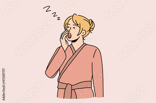 Tired young woman in bathrobe yawn suffer from insomnia have sleep deprivation. Exhausted girl struggle with fatigue, need relaxation or nap. Healthcare, relax and rest concept. Vector illustration. 