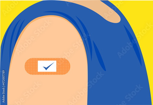 Illustration of a man vaccinated and his hand showing bandage with right mark