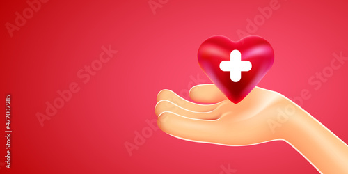 Health, medicine and charity concept - closeup of hand holding red heart with white cross.