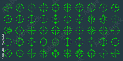 Crosshair, gun sight vector icons. Bullseye, green target or aim symbol. Military rifle scope, shooting mark sign. Targeting, aiming for a shot. Archery, hunting and sports shooting. Game UI element.