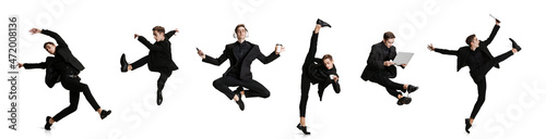 Collage with images of young man in black business suit moves isolated on white background. Art, motion, action