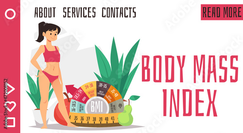 Body mass index website with normal body type woman, flat vector illustration.