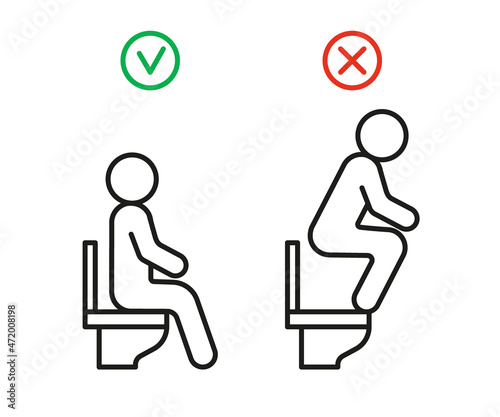 Right and wrong behavior in toilet. WC rules sit on seat toilet but not stand, warning sign. Signs allowed and prohibited to sit toilet. Correct sitting. Vector illustration