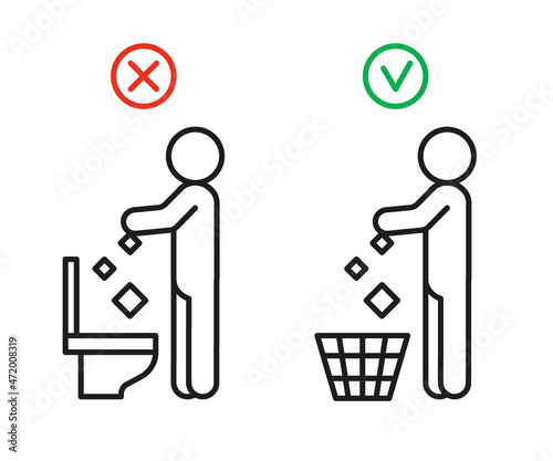 Rule take out rubbish in basket but not in toilet pan, prohibition warning sign. Do not throw garbage in toilet. Can throw rubbish into trash can. Problem of planet pollution, clean. Vector