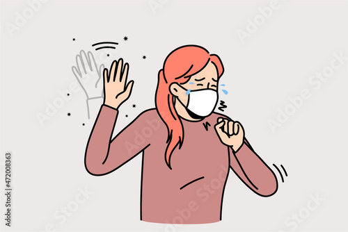 Unhealthy woman in facemask cough suffer from seasonal allergy symptoms. Unwell sick girl in facial mask struggle with covid-19, have fever and cold. Corona virus pandemics. Vector illustration. 