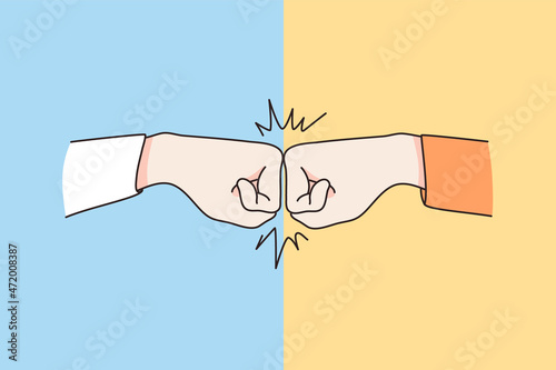 Friendship and mutual support concept. Human fists pulling with each other from both sides blue and yellow vector illustration 