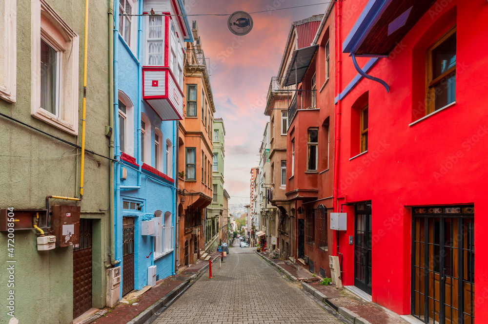 Balat district street view in Istanbul. Balat is popular tourist attraction in Istanbul, Turkey.