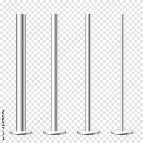 Realistic metal poles collection isolated on transparent background. Glossy steel pipes of various diameters. Billboard or advertising banner mount, holder. Vector illustration.