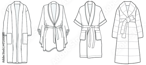 Fotografiet dressing gown, bathrobe fashion flat sketch vector illustration unisex self belt bathrobe template isolated illustration on white background