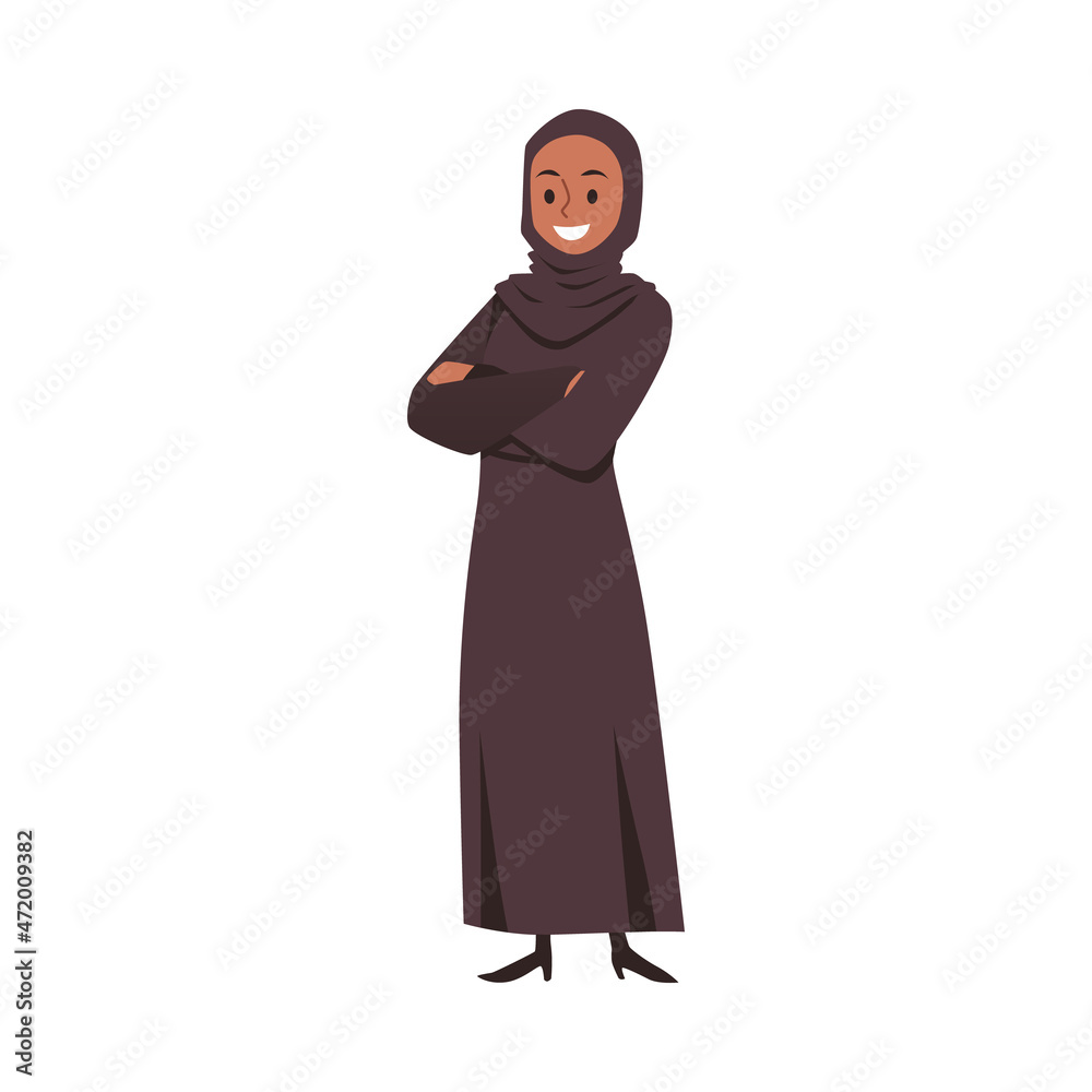 Confident arabian muslim woman with arms crossed vector illustration isolated.