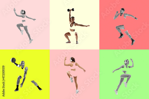 Modern design, contemporary art collage. Inspiration, idea, trendy magazine style. Sport. Set of images of professional athletes on colored background.