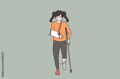 Physical injury and disability concept. Sad disappointed girl standing having disabilities as broken arm and leg in medical bandages vector illustration 