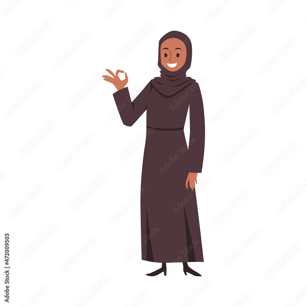 Smiling muslim woman with hijab and okey gesture, flat vector illustration isolated on whie background.
