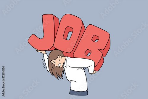 Exhausted businesswoman carry on back word letter Job struggle with overload in office. Tired unwell woman employee suffer overwhelmed with workload. Overwork concept. Vector illustration. 