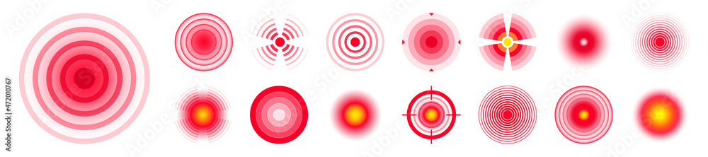 Pain localization marks. Painful area, aching spot. Red circles, targets. Headache, bruised body part marker. Back, neck, muscle pain symbol. Healthcare ad, medical information. Vector illustration. Pain localization marks. Painful area, aching spot. Red circles, targets. Headache, bruised body part marker. Back, neck, muscle pain symbol. Healthcare ad, medical information. Vector illustration.