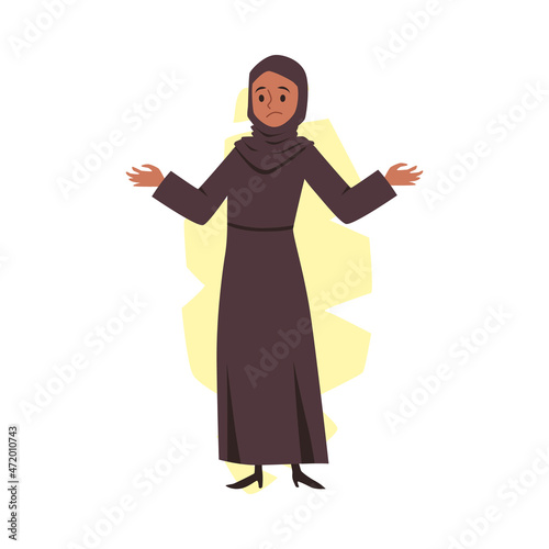 Confused muslim woman shrugs hands in disbelief, vector illustration isolated.