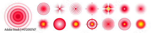 Pain localization marks. Painful area, aching spot. Red circles, targets. Headache, bruised body part marker. Back, neck, muscle pain symbol. Healthcare ad, medical information. Vector illustration.