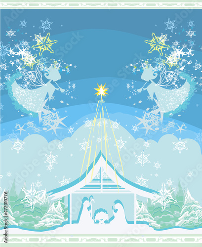 Decorated background with angels and Bethlehem.