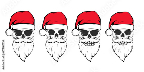 Skull of Santa Claus, set, line art tattoo