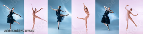 Valokuva Collage of portraits of female ballet dancers dancing isolated on blue and pink background