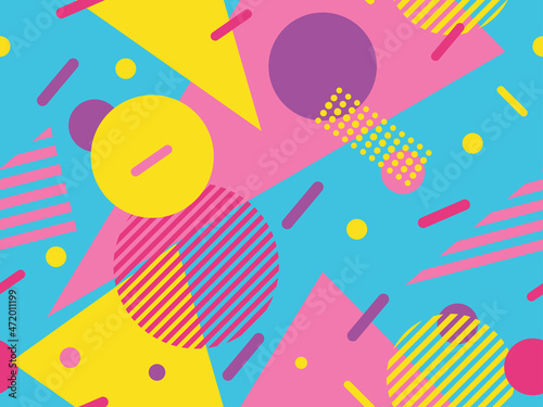 Geometric seamless pattern in 80s memphis style. Abstract geometric background design for brochures, banners and advertisements. 80s - 90s style wrapping paper pattern. Vector illustration