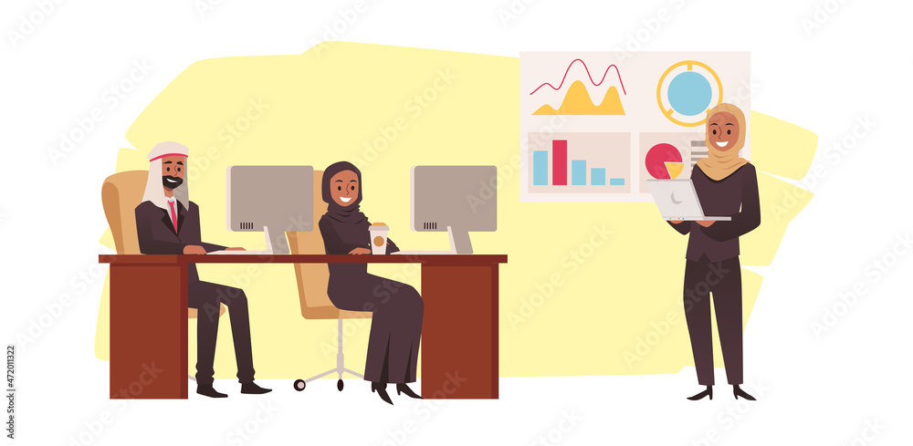 Office with Arabic Muslim business men and women, flat vector illustration.